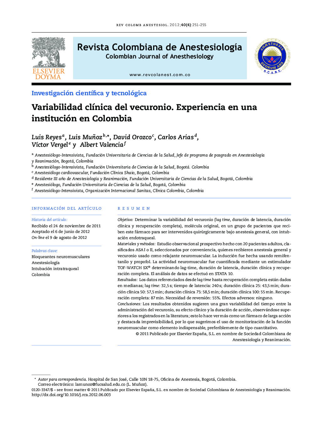 Variabilidad clínica del vecuronio. Experiencia en una institución en Colombia