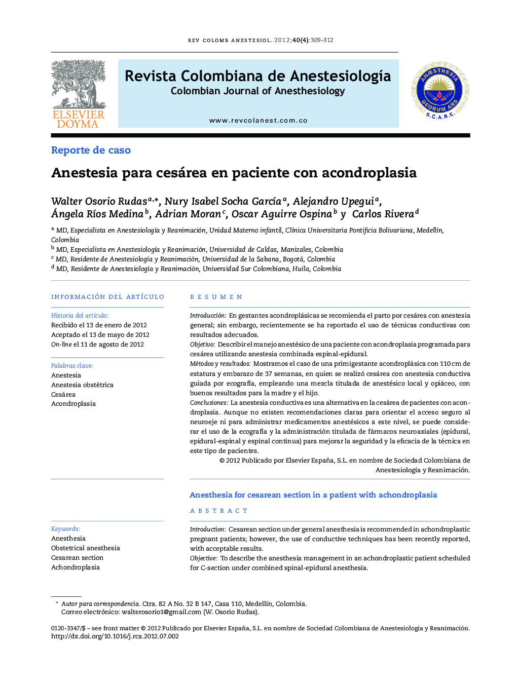 Anestesia para cesárea en paciente con acondroplasia