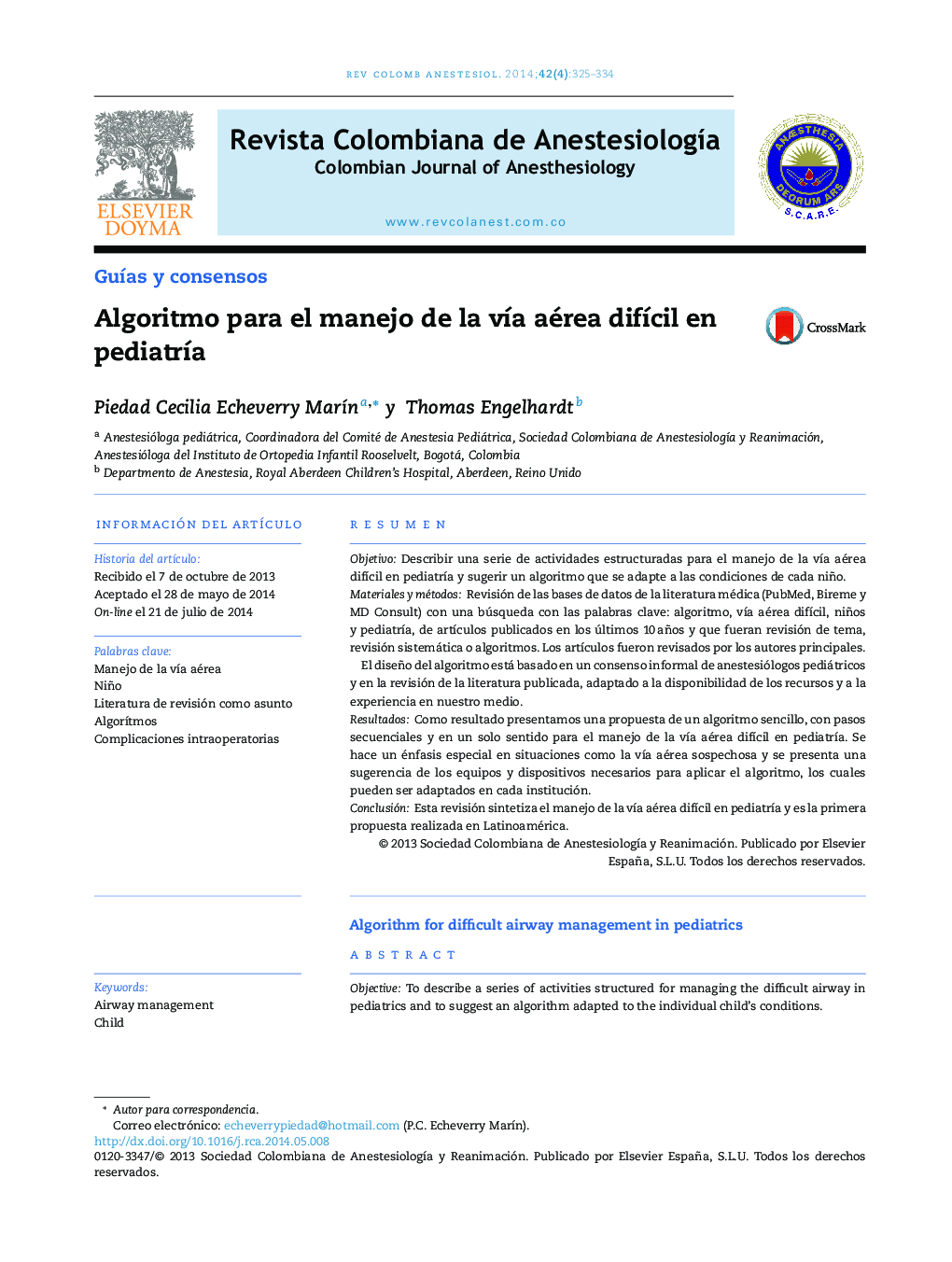 Algoritmo para el manejo de la vía aérea difícil en pediatría