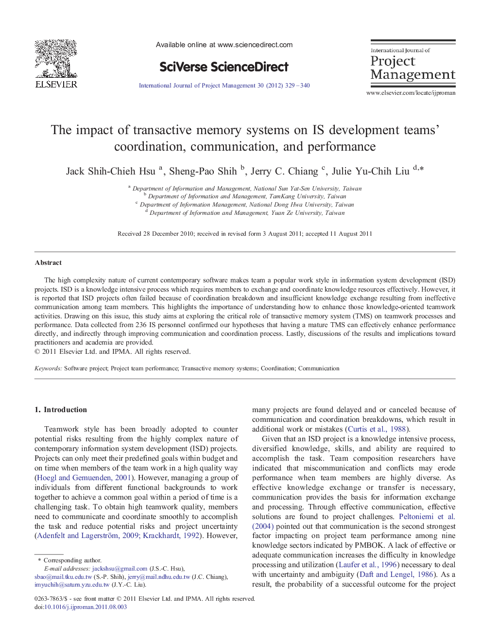 The impact of transactive memory systems on IS development teams' coordination, communication, and performance