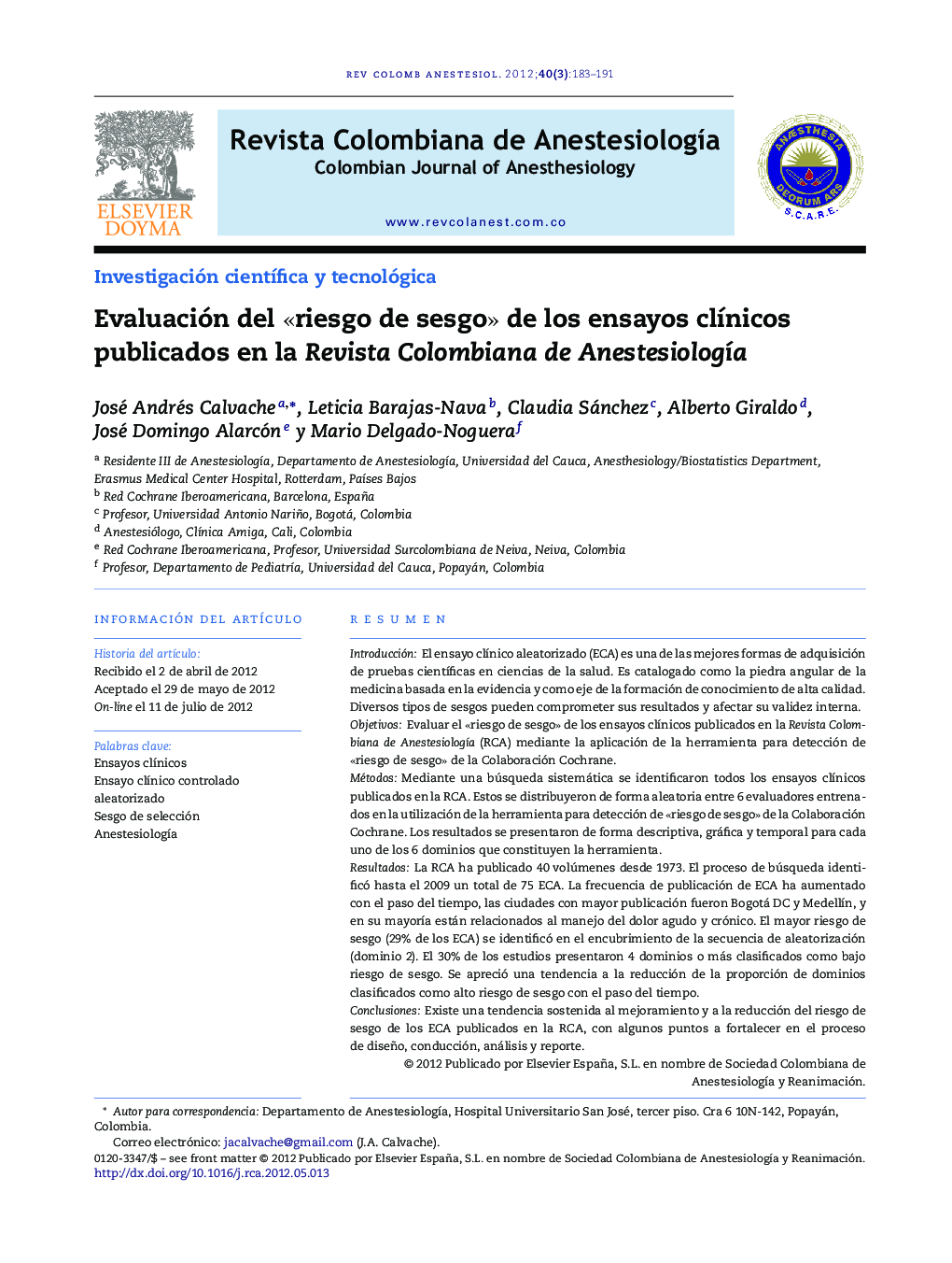 Evaluación del «riesgo de sesgo» de los ensayos clínicos publicados en la Revista Colombiana de Anestesiología