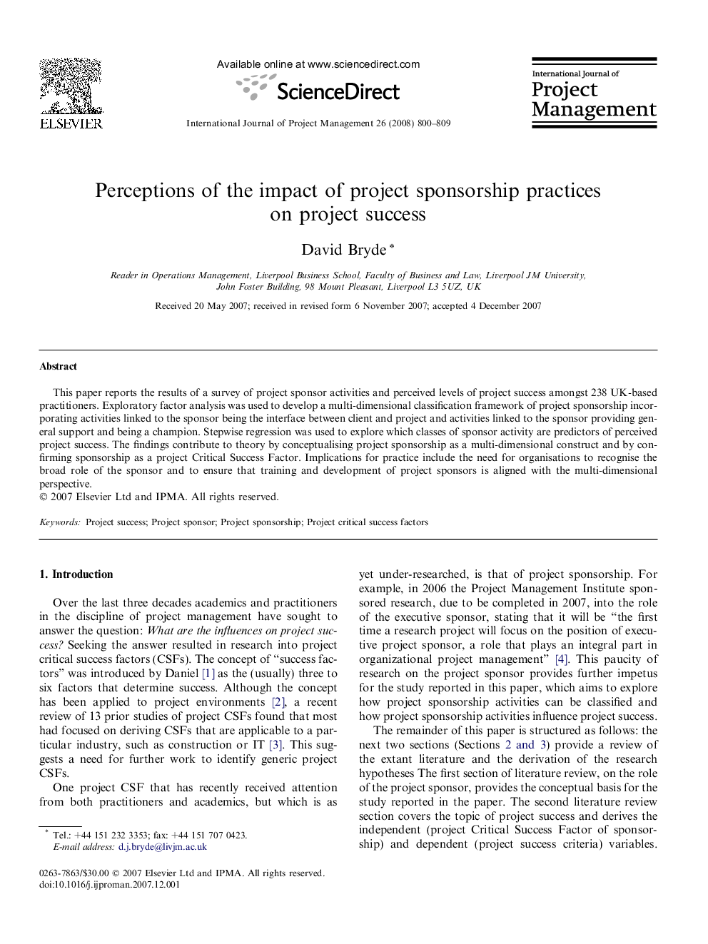 Perceptions of the impact of project sponsorship practices on project success