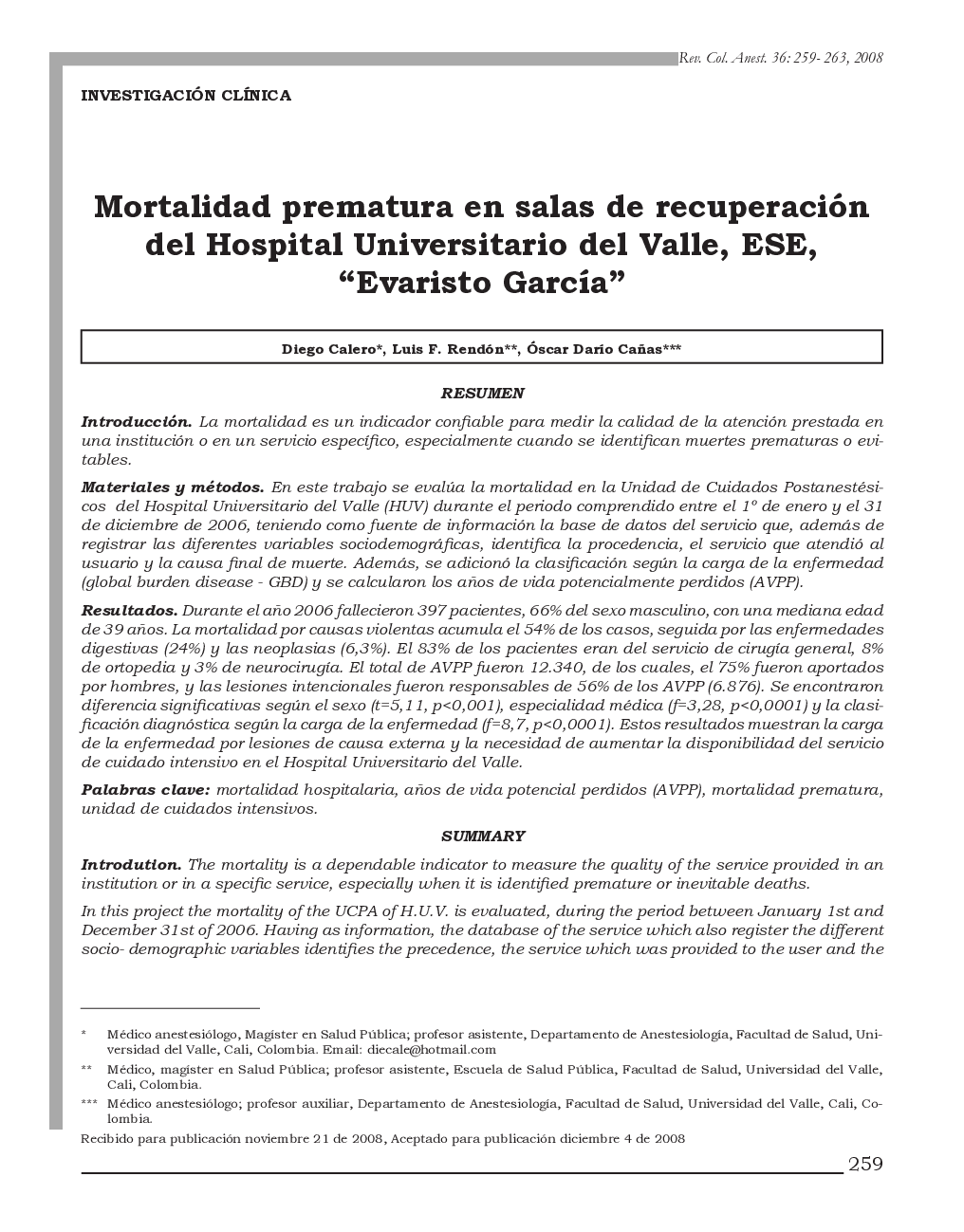 Mortalidad prematura en salas de recuperación del Hospital Universitario del Valle, ESE, “Evaristo García”