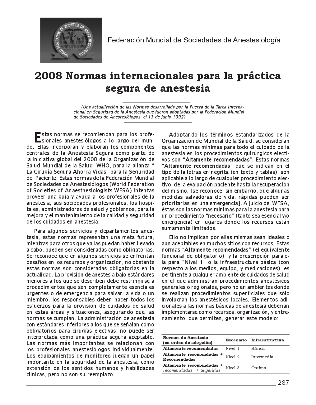 2008 Normas internacionales para la práctica segura de anestesia