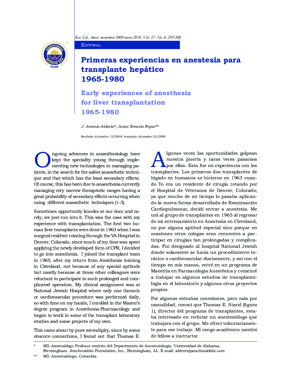 Primeras experiencias en anestesia para transplante hepático 1965-1980