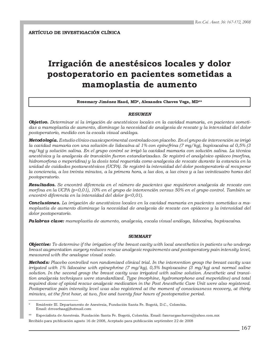 Irrigación de anestésicos locales y dolor postoperatorio en pacientes sometidas a mamoplastia de aumento