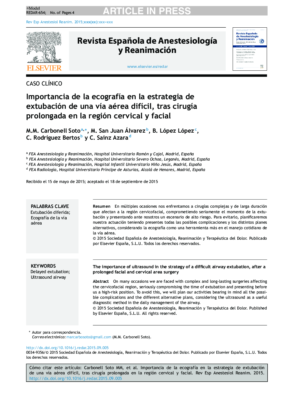 عکس صفحه اول مقاله: Importancia de la ecografÃa en la estrategia de extubación de una vÃa aérea difÃcil, tras cirugÃa prolongada en la región cervical y facial Importancia de la ecografÃa en la estrategia de extubación de una vÃa aérea difÃcil, tras cirugÃa prolongada en la región cervical y facial