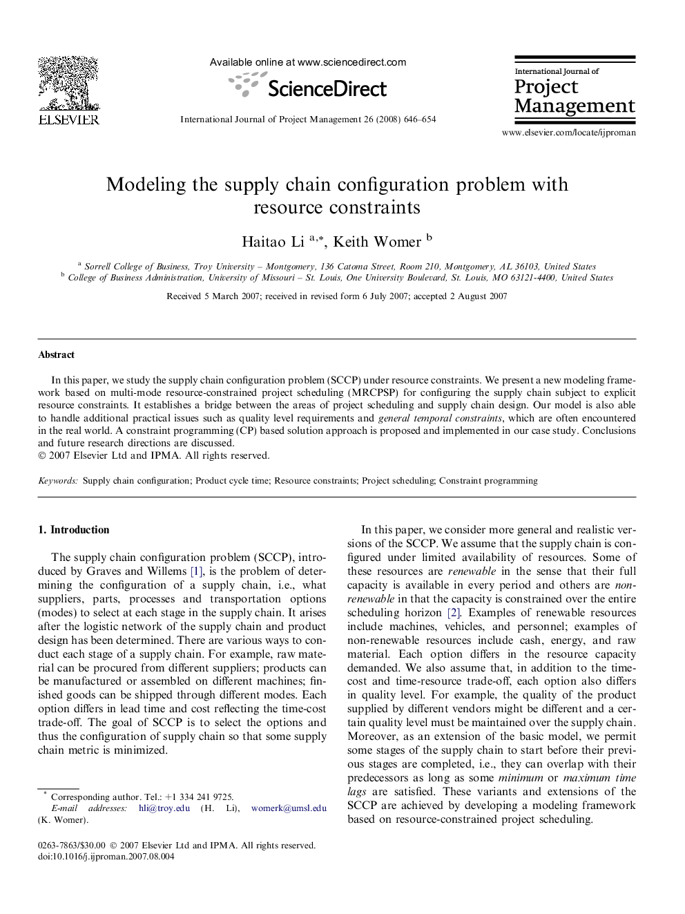 Modeling the supply chain configuration problem with resource constraints