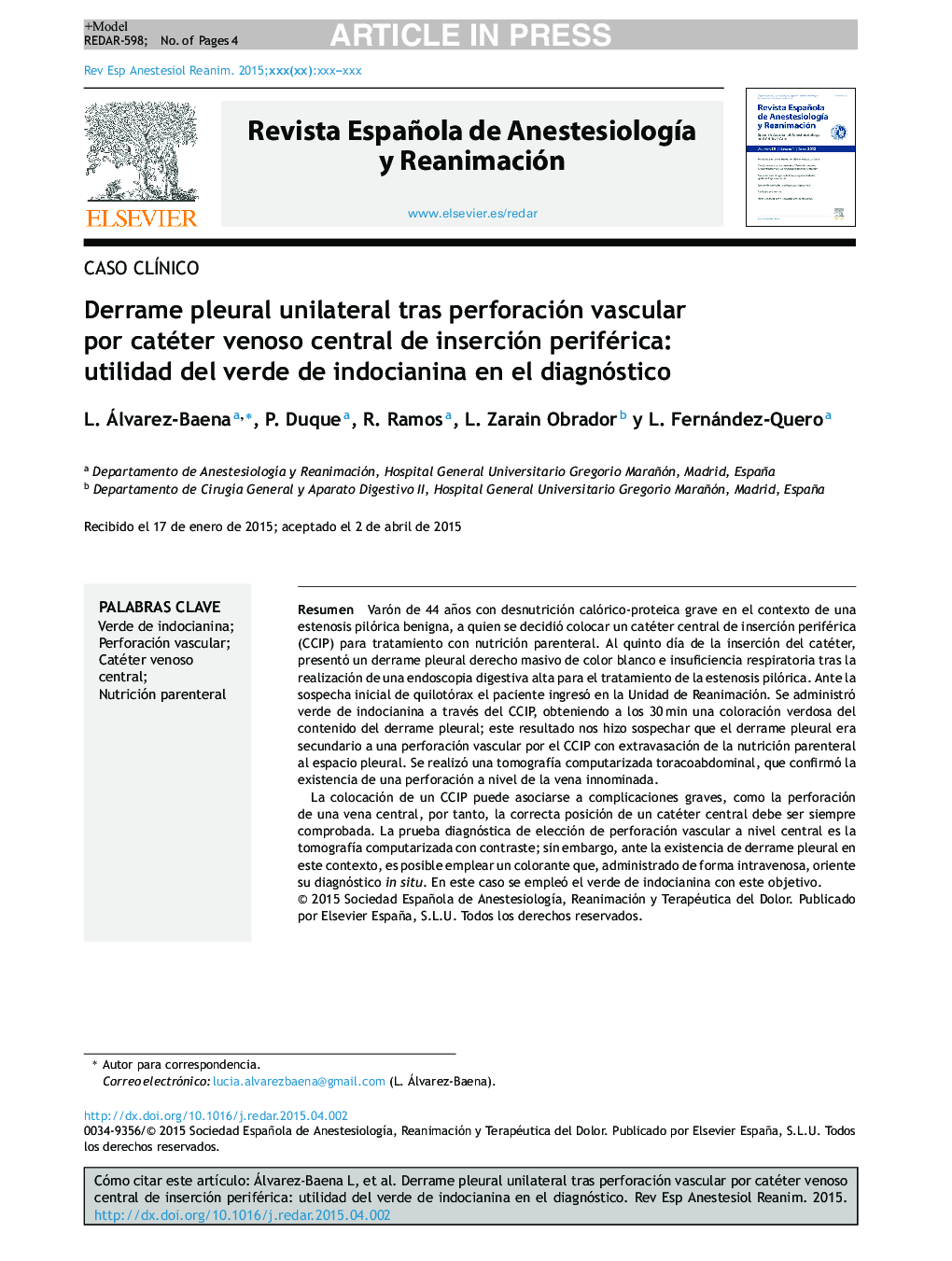 Derrame pleural unilateral tras perforación vascular por catéter venoso central de inserción periférica: utilidad del verde de indocianina en el diagnóstico