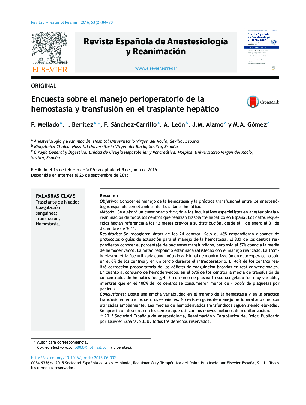 Encuesta sobre el manejo perioperatorio de la hemostasia y transfusión en el trasplante hepático