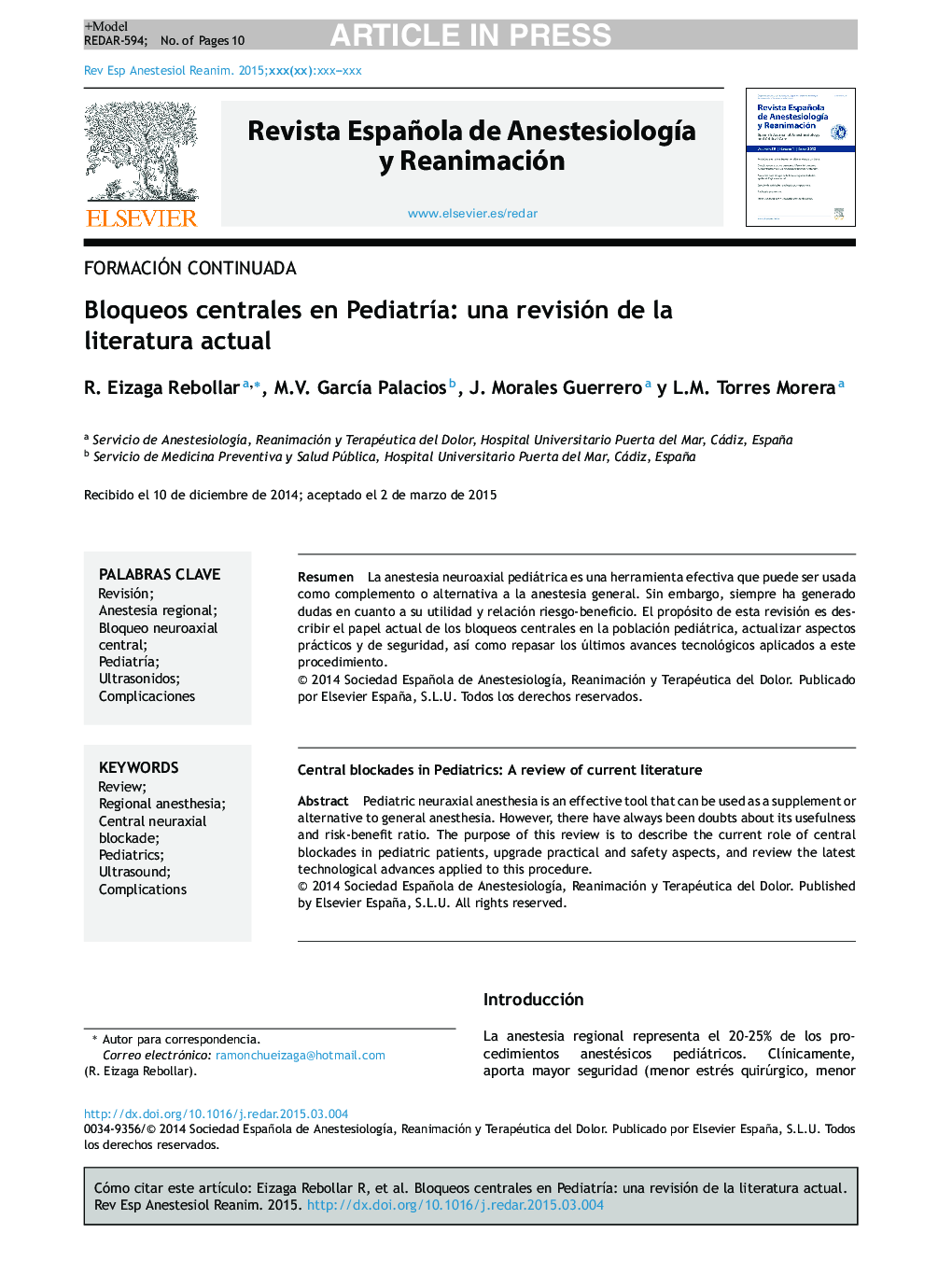 Bloqueos centrales en PediatrÃ­a: una revisión de la literatura actual