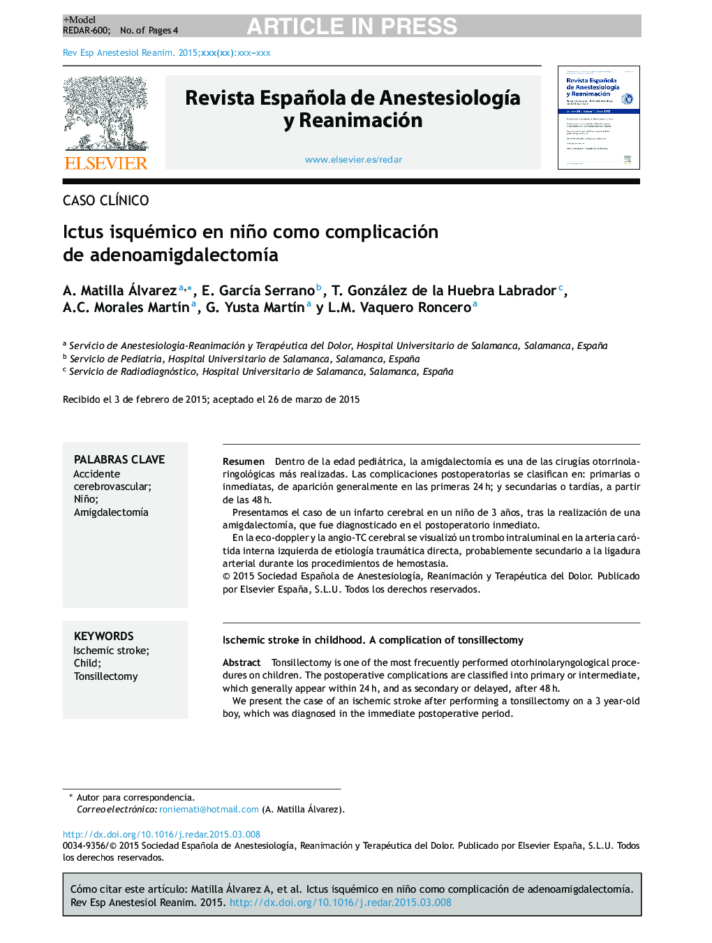 Ictus isquémico en niño como complicación de adenoamigdalectomÃ­a