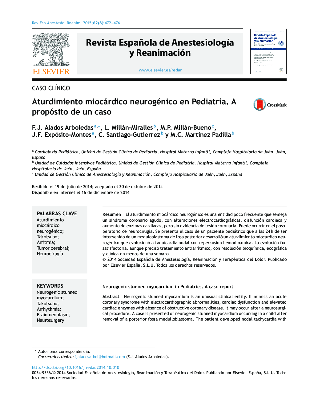 عکس صفحه اول مقاله: Aturdimiento miocárdico neurogénico en PediatrÃa. A propósito de un caso Aturdimiento miocárdico neurogénico en PediatrÃa. A propósito de un caso