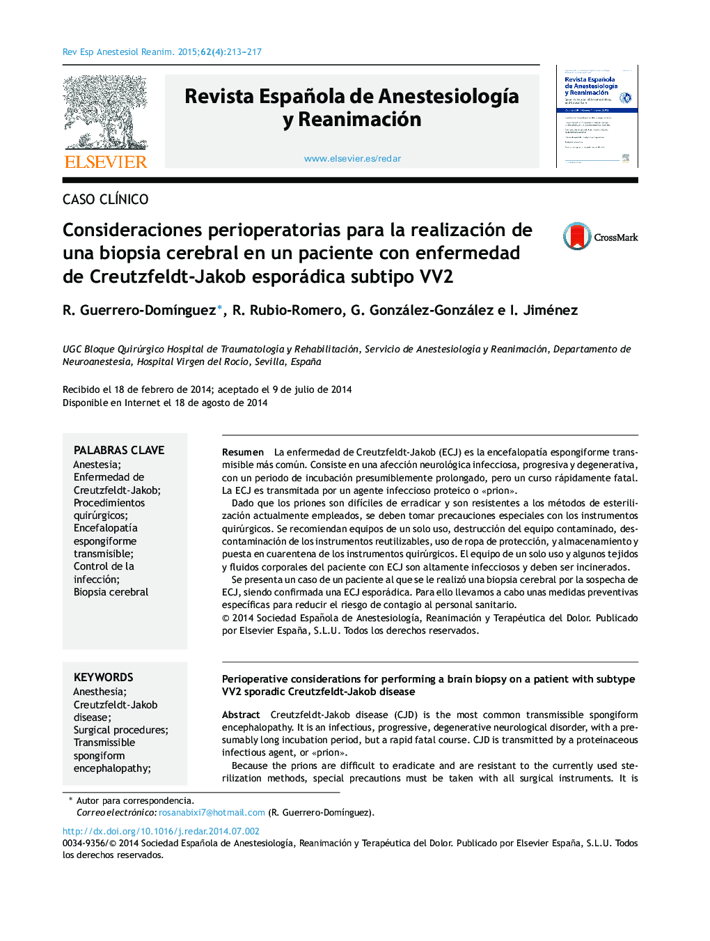 Consideraciones perioperatorias para la realización de una biopsia cerebral en un paciente con enfermedad de Creutzfeldt-Jakob esporádica subtipo VV2