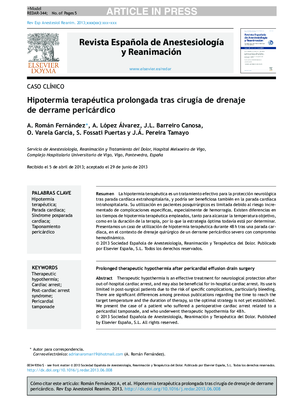 Hipotermia terapéutica prolongada tras cirugÃ­a de drenaje de derrame pericárdico