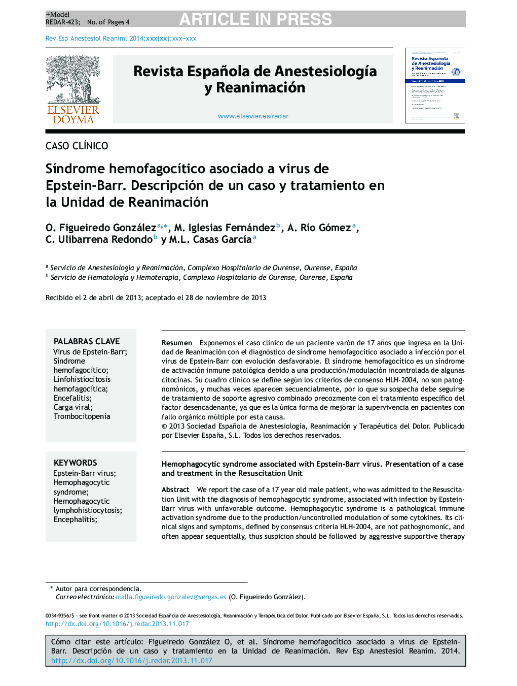 SÃ­ndrome hemofagocÃ­tico asociado a virus de Epstein-Barr. Descripción de un caso y tratamiento en la Unidad de Reanimación