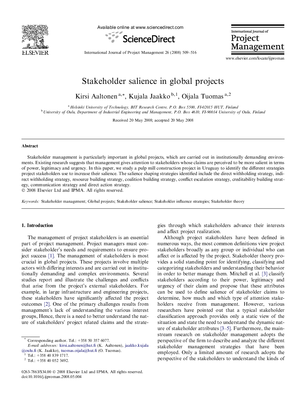 Stakeholder salience in global projects