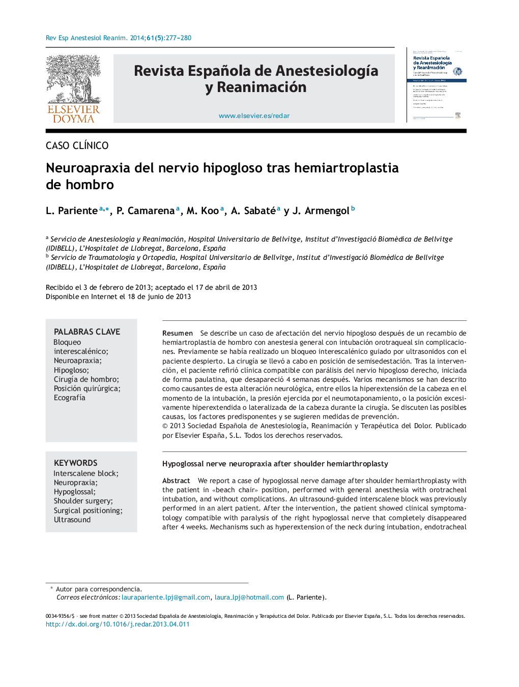 Neuroapraxia del nervio hipogloso tras hemiartroplastia de hombro