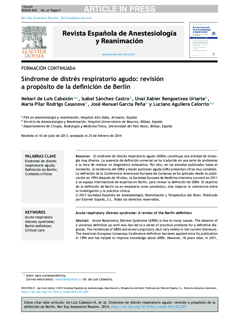 SÃ­ndrome de distrés respiratorio agudo: revisión a propósito de la definición de BerlÃ­n