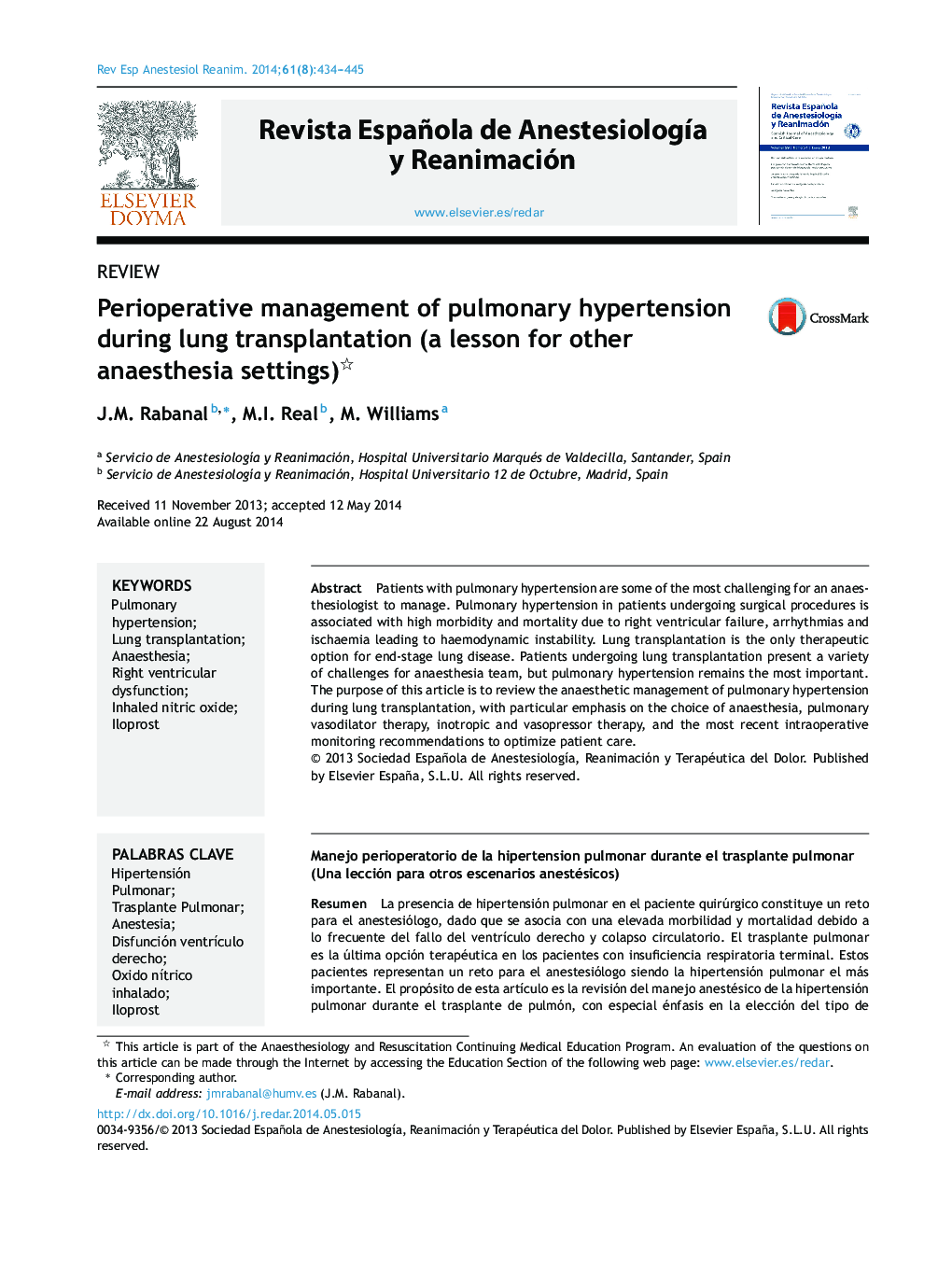 Perioperative management of pulmonary hypertension during lung transplantation (a lesson for other anaesthesia settings)