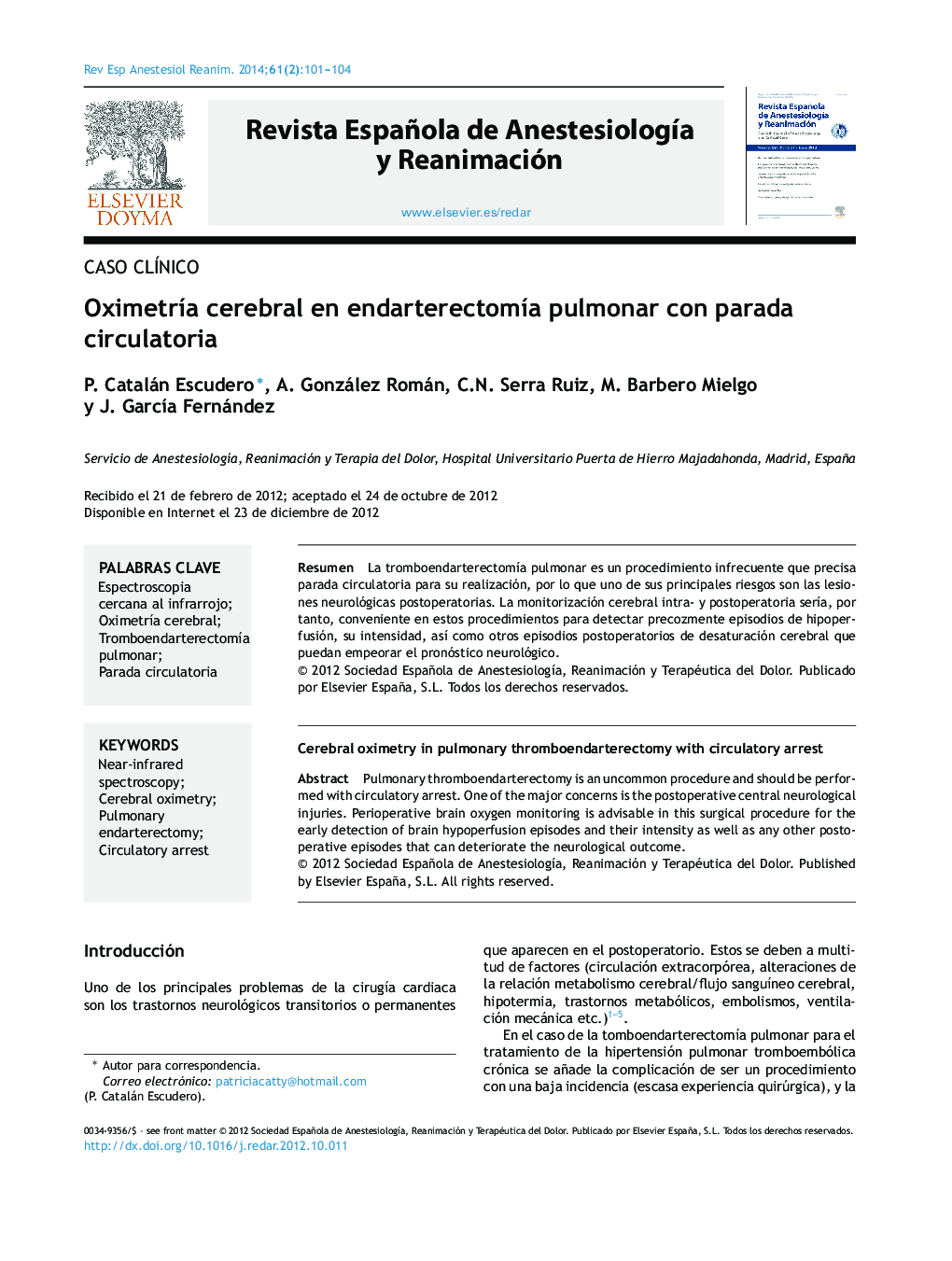 OximetrÃ­a cerebral en endarterectomÃ­a pulmonar con parada circulatoria