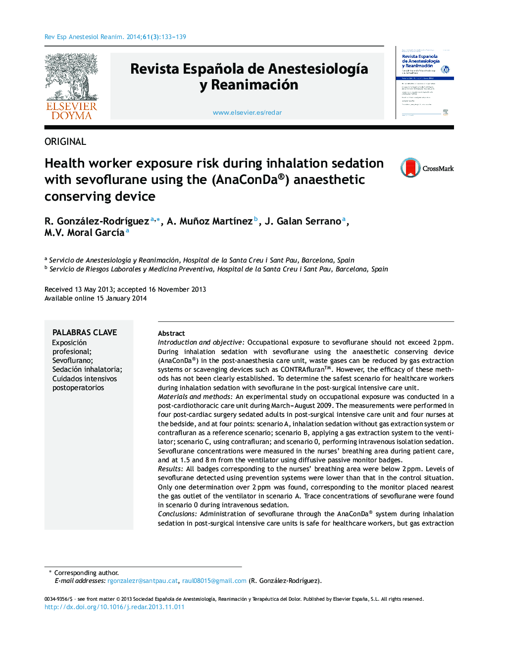 Health worker exposure risk during inhalation sedation with sevoflurane using the (AnaConDa®) anaesthetic conserving device