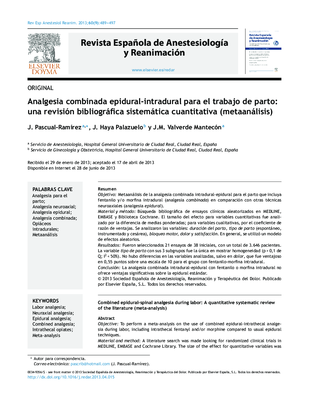 Analgesia combinada epidural-intradural para el trabajo de parto: una revisión bibliográfica sistemática cuantitativa (metaanálisis)