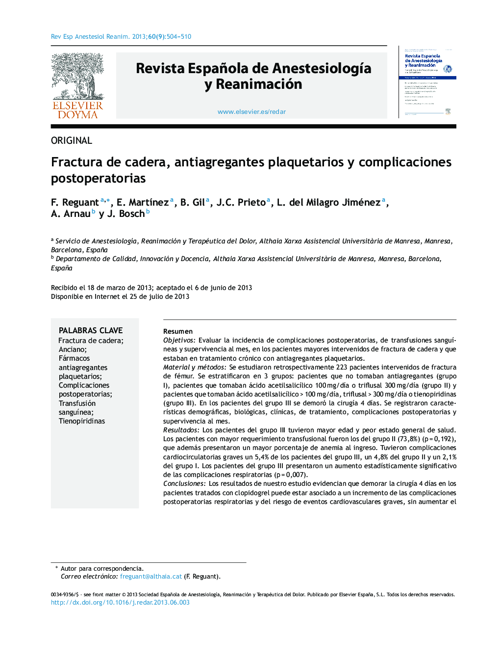 Fractura de cadera, antiagregantes plaquetarios y complicaciones postoperatorias