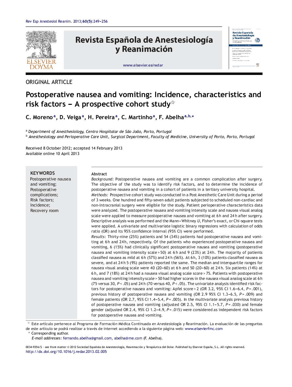 Postoperative nausea and vomiting: Incidence, characteristics and risk factors - A prospective cohort study