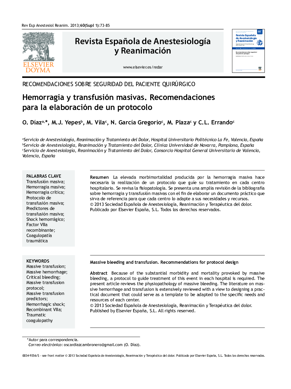 Hemorragia y transfusión masivas. Recomendaciones para la elaboración de un protocolo