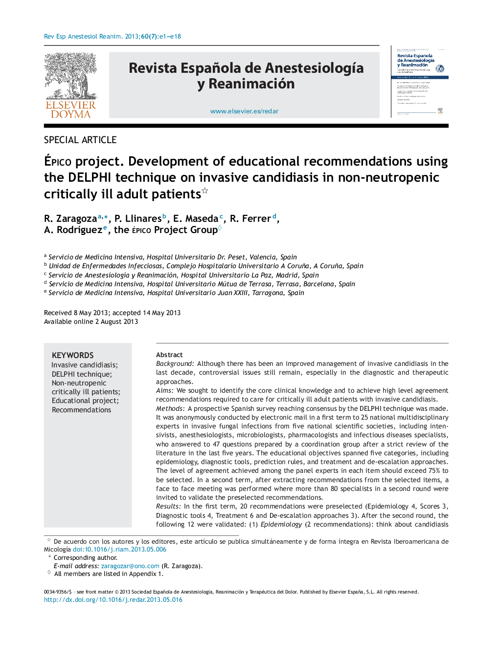 Ãpico project. Development of educational recommendations using the DELPHI technique on invasive candidiasis in non-neutropenic critically ill adult patients