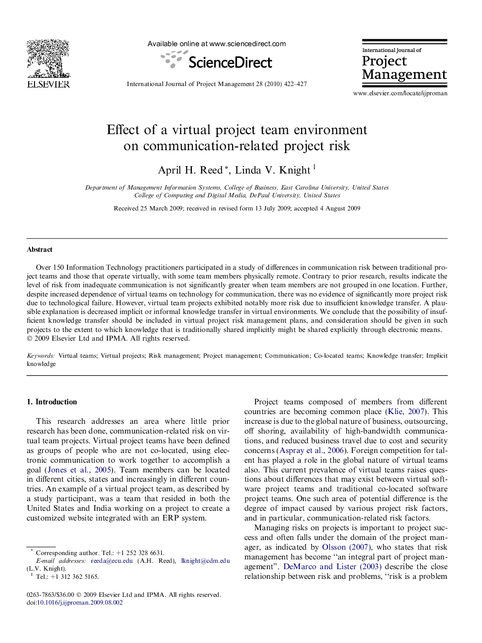 عکس صفحه اول مقاله: Effect of a virtual project team environment on communication-related project risk Effect of a virtual project team environment on communication-related project risk