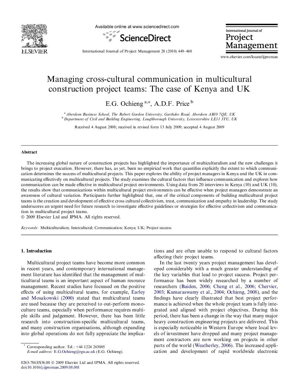 Managing cross-cultural communication in multicultural construction project teams: The case of Kenya and UK