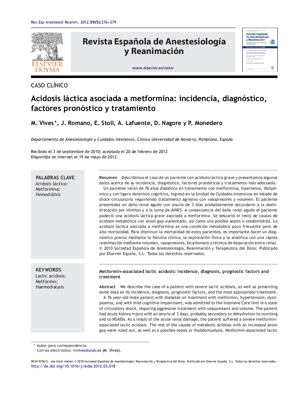 Acidosis láctica asociada a metformina: incidencia, diagnóstico, factores pronóstico y tratamiento