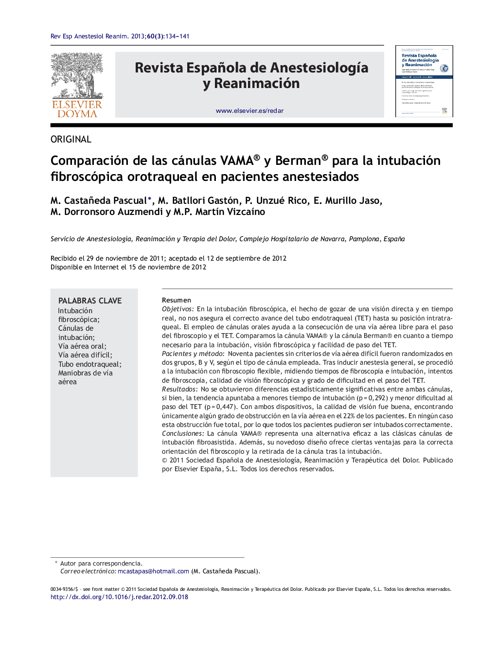 Comparación de las cánulas VAMA® y Berman® para la intubación fibroscópica orotraqueal en pacientes anestesiados