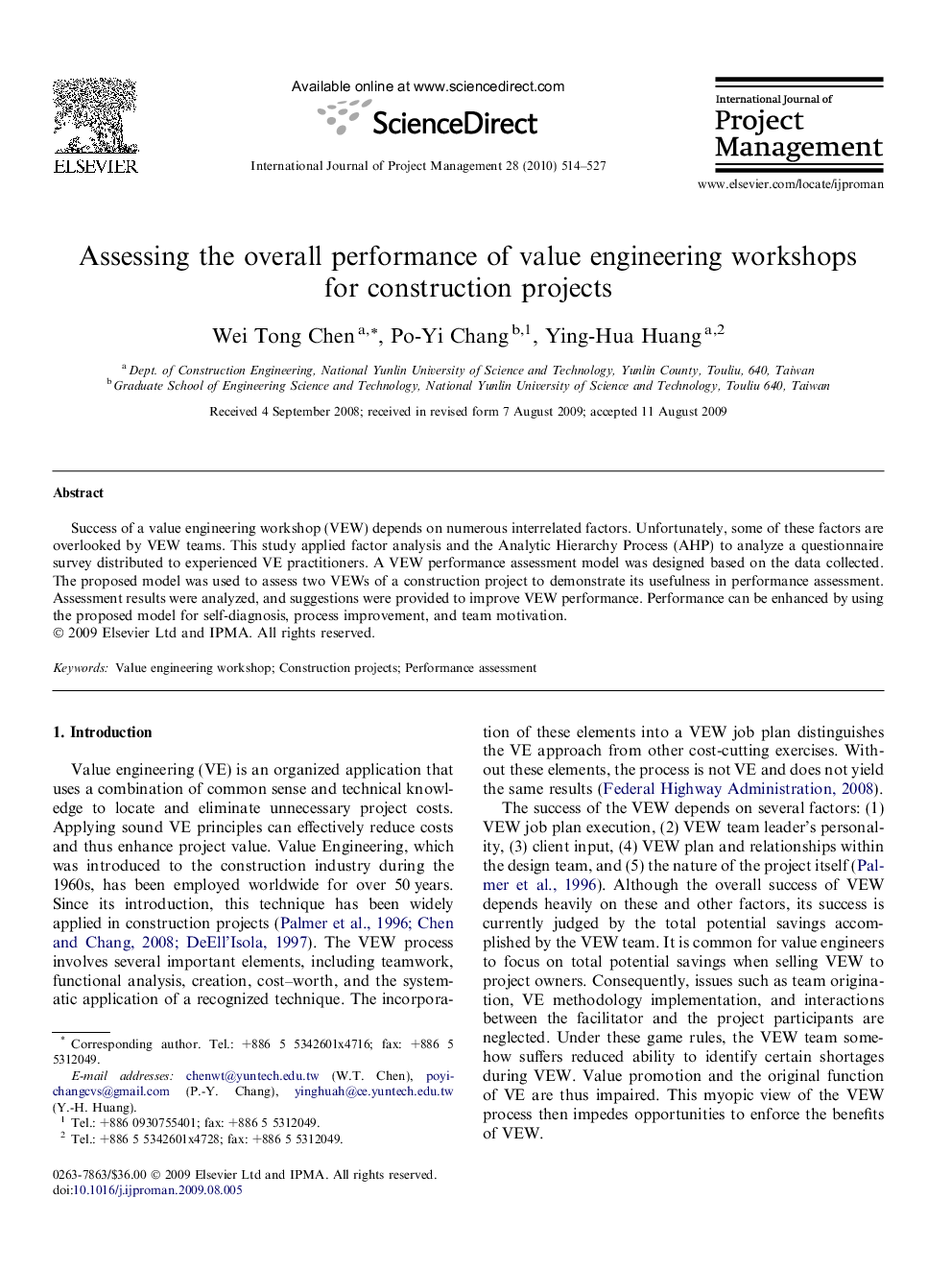 Assessing the overall performance of value engineering workshops for construction projects