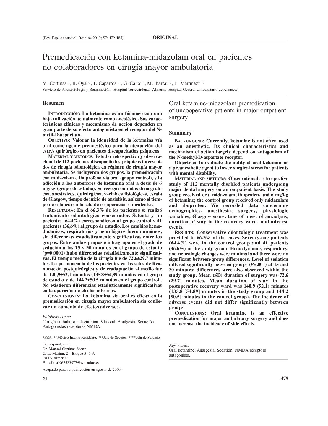 Premedicación con ketamina-midazolam oral en pacientes no colaboradores en cirugÃ­a mayor ambulatoria