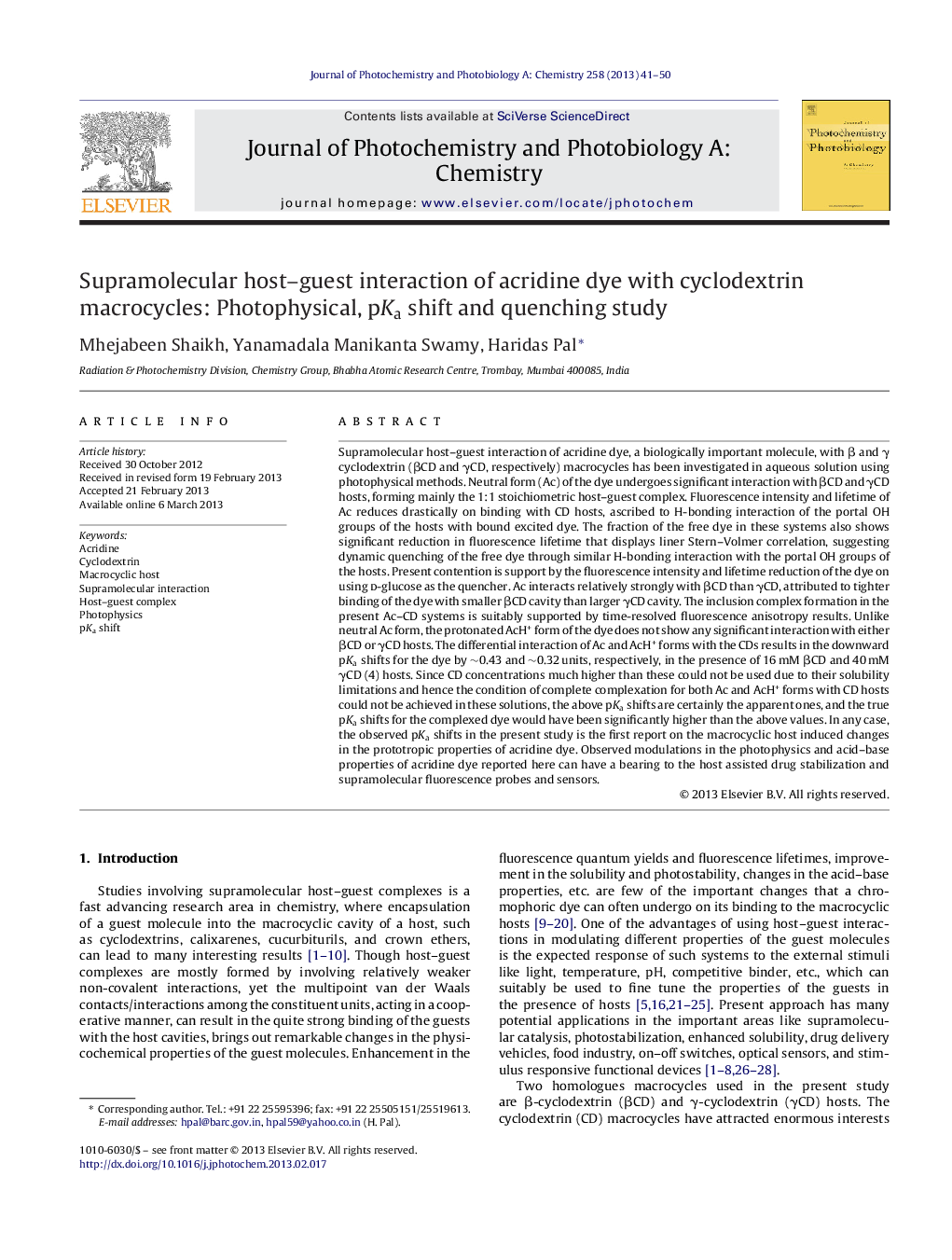 Supramolecular host–guest interaction of acridine dye with cyclodextrin macrocycles: Photophysical, pKa shift and quenching study