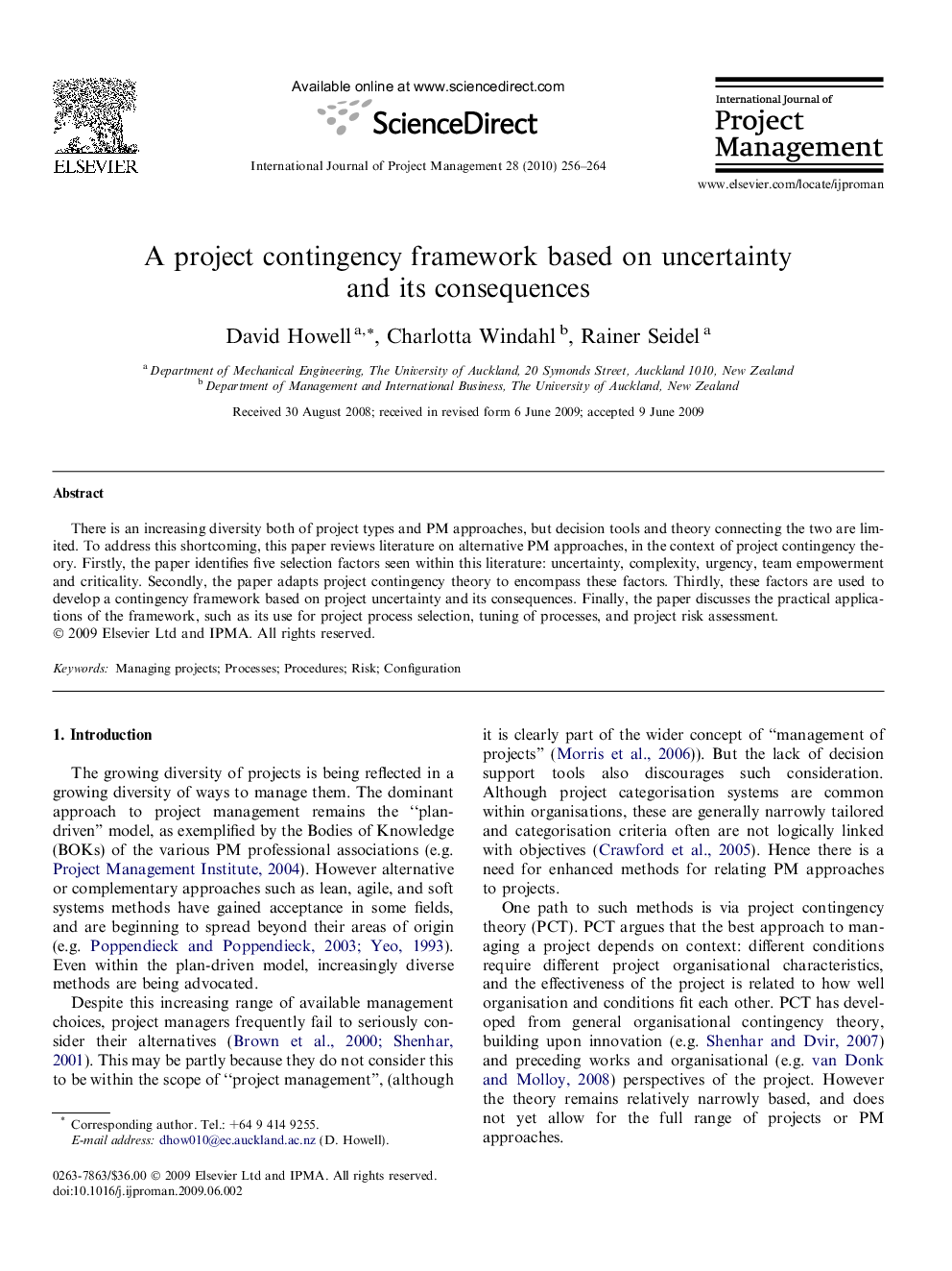 A project contingency framework based on uncertainty and its consequences