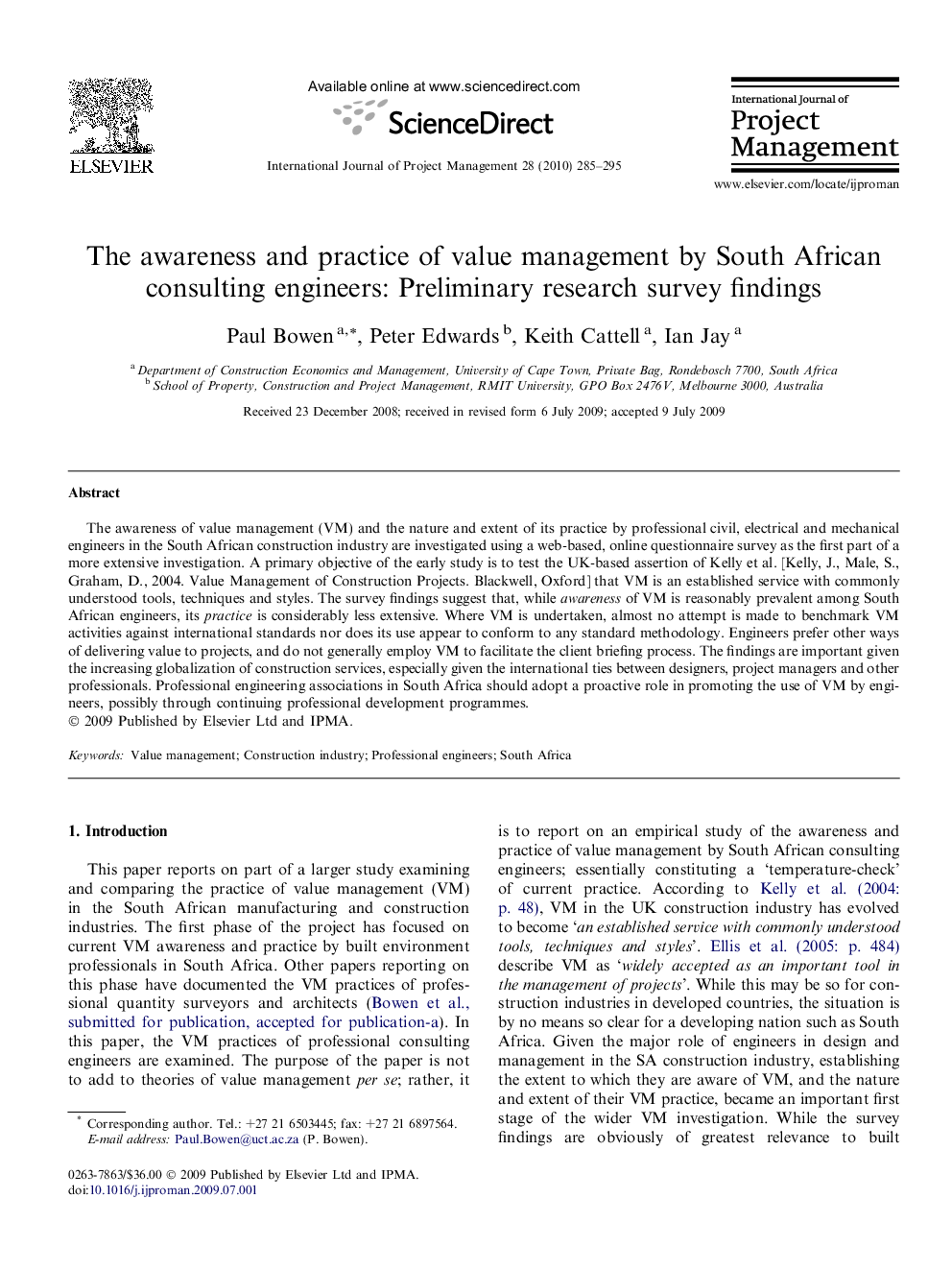 The awareness and practice of value management by South African consulting engineers: Preliminary research survey findings