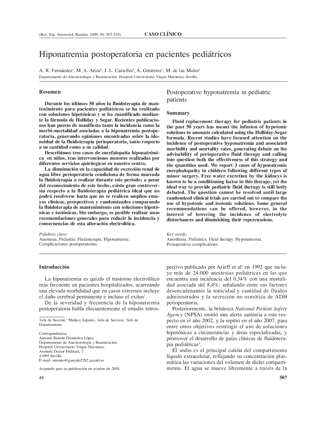 Hiponatremia postoperatoria en pacientes pediátricos