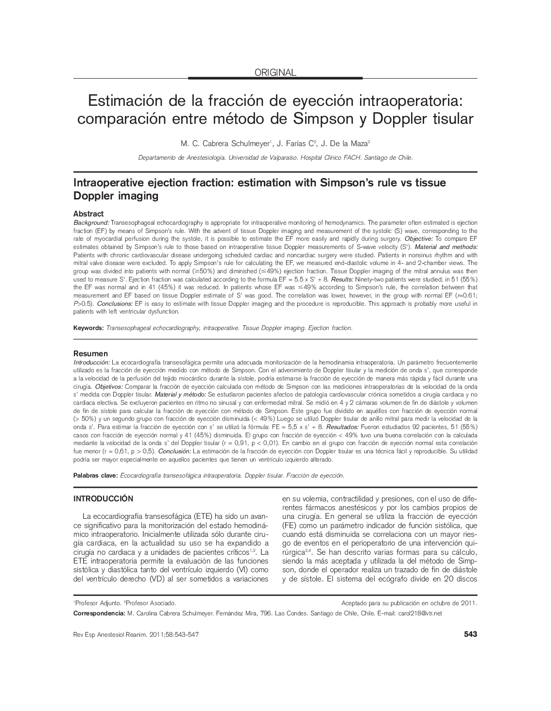 Estimación de la fracción de eyección intraoperatoria: comparación entre método de Simpson y Doppler tisular