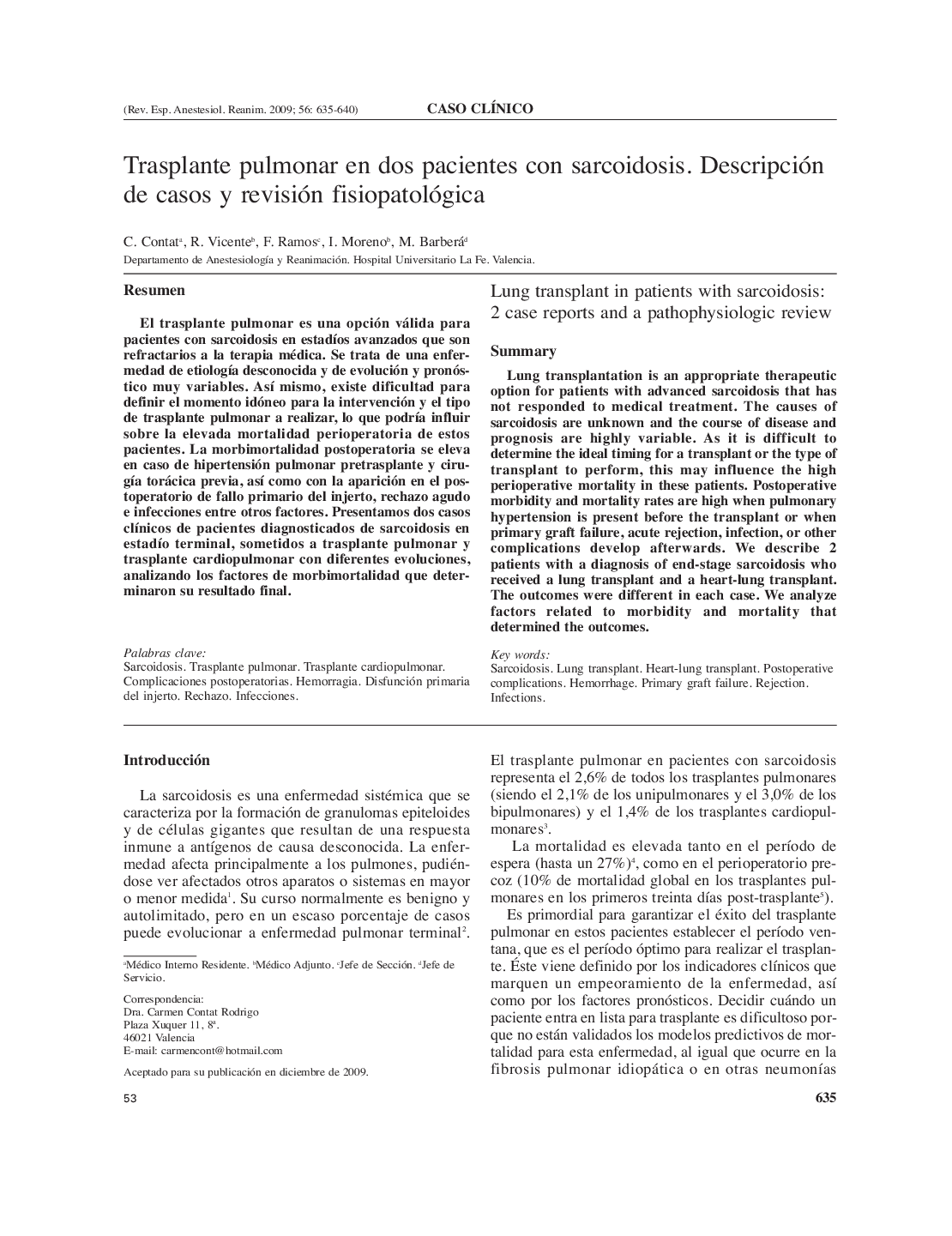 Trasplante pulmonar en dos pacientes con sarcoidosis. Descripción de casos y revisión fisiopatológica