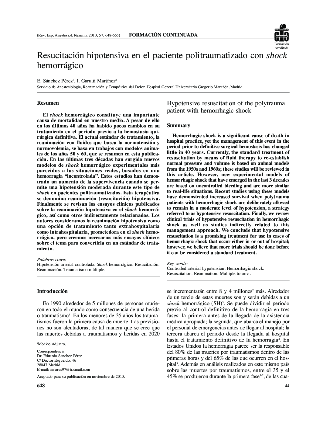 عکس صفحه اول مقاله: Resucitación hipotensiva en el paciente politraumatizado con shock hemorrágico Resucitación hipotensiva en el paciente politraumatizado con shock hemorrágico