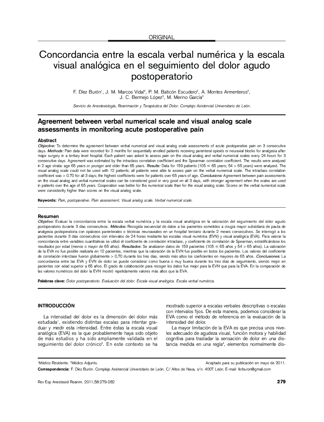 Concordancia entre la escala verbal numérica y la escala visual analógica en el seguimiento del dolor agudo postoperatorio