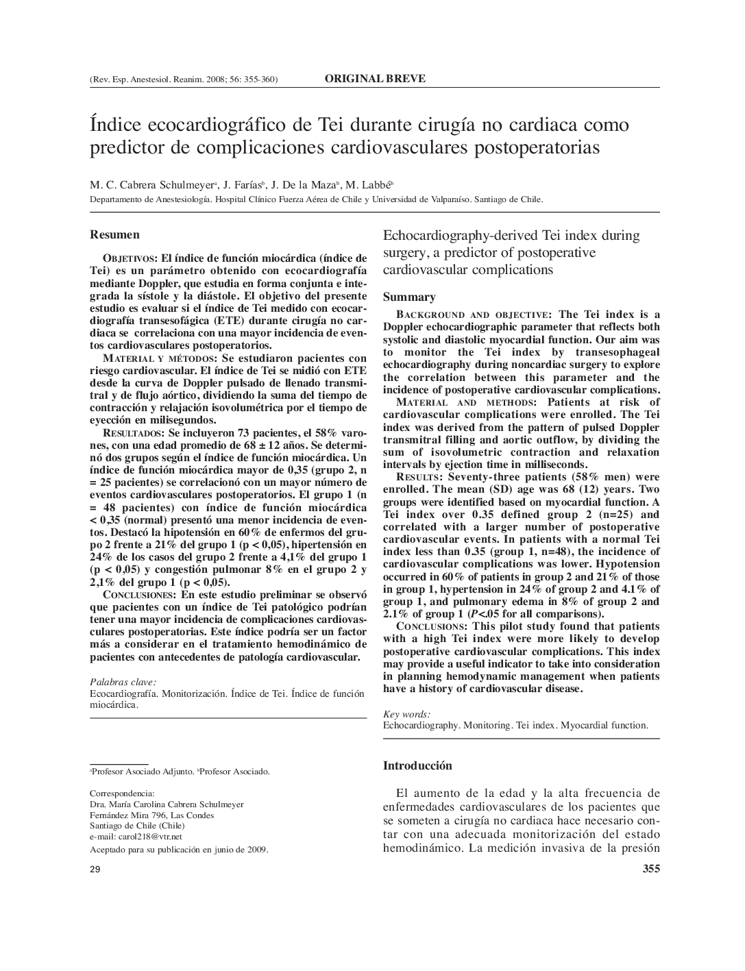 Índice ecocardiográfico de Tei durante cirugÃ­a no cardiaca como predictor de complicaciones cardiovasculares postoperatorias