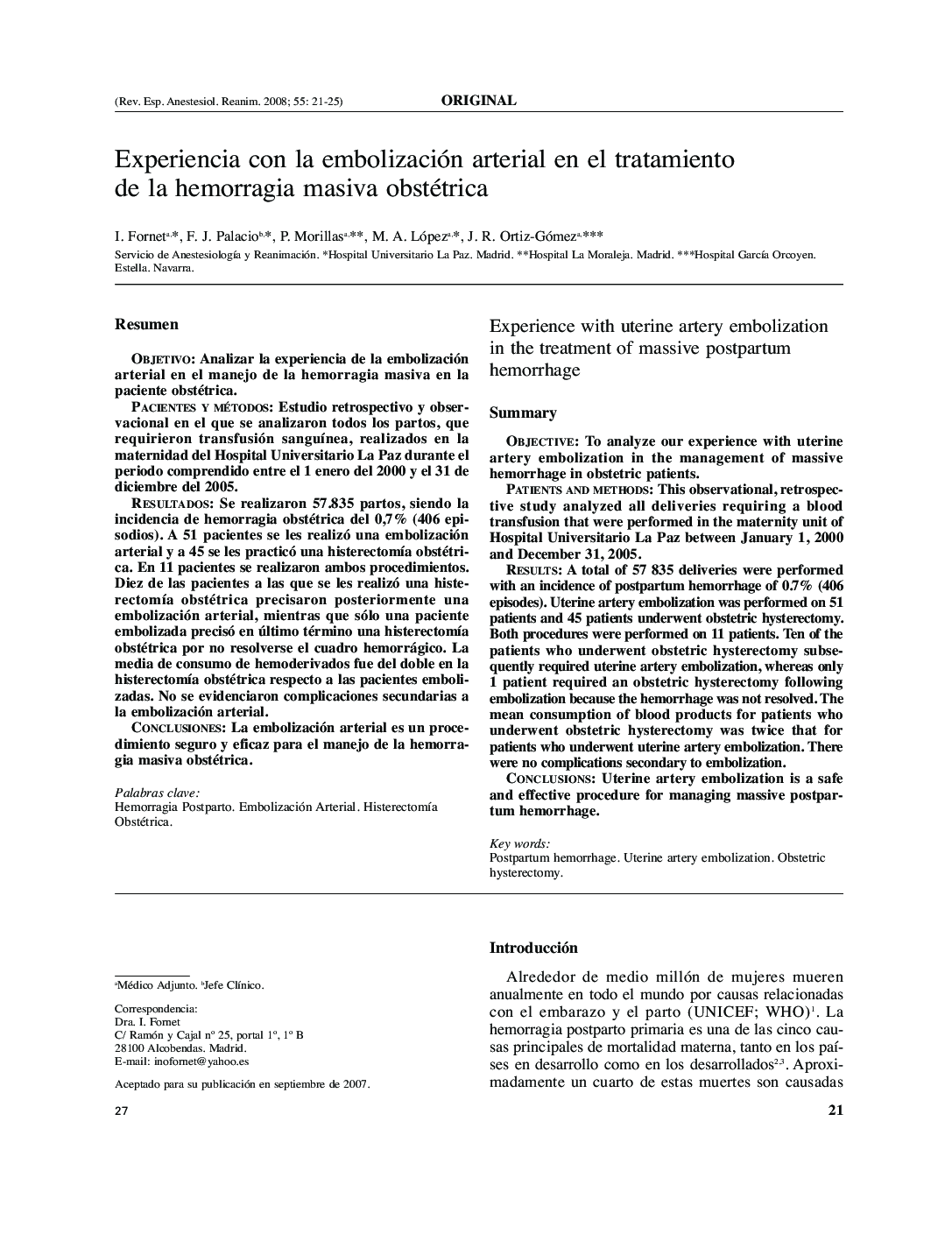 Experiencia con la embolización arterial en el tratamiento de la hemorragia masiva obstétrica