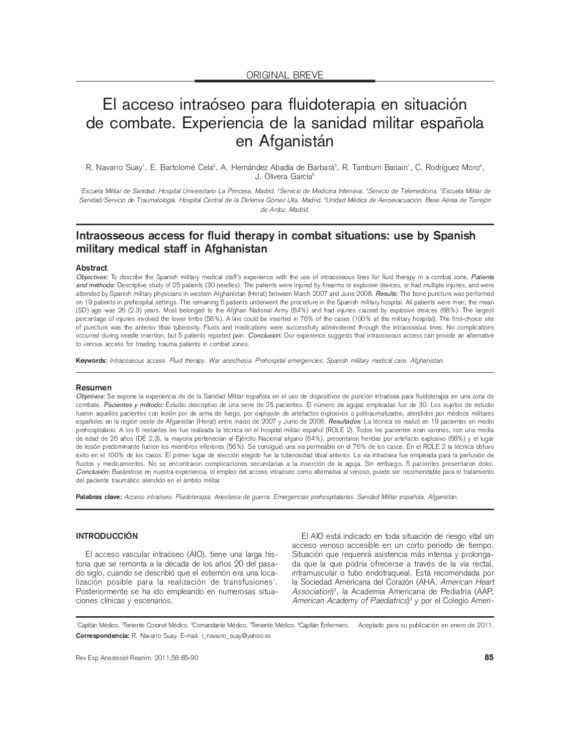 El acceso intraóseo para fluidoterapia en situación de combate. Experiencia de la sanidad militar española en Afganistán