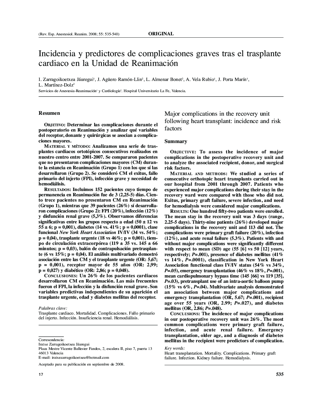 Incidencia y predictores de complicaciones graves tras el trasplante cardiaco en la Unidad de Reanimación