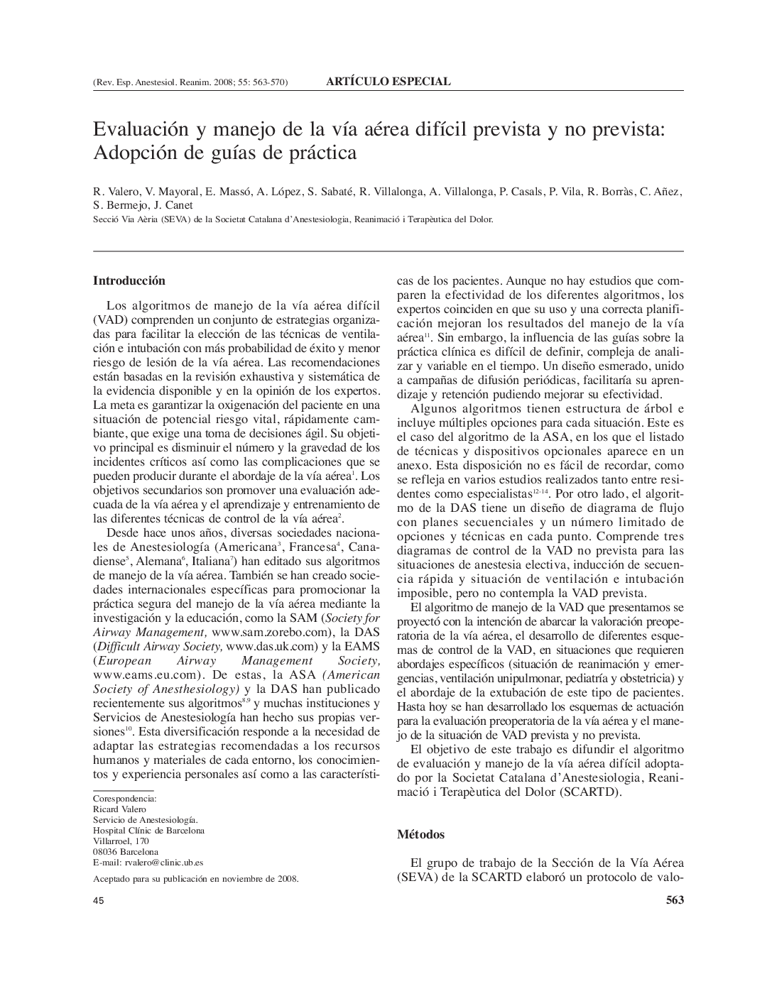 عکس صفحه اول مقاله: Evaluación y manejo de la vÃa aérea difÃcil prevista y no prevista: Adopción de guÃas de práctica Evaluación y manejo de la vÃa aérea difÃcil prevista y no prevista: Adopción de guÃas de práctica
